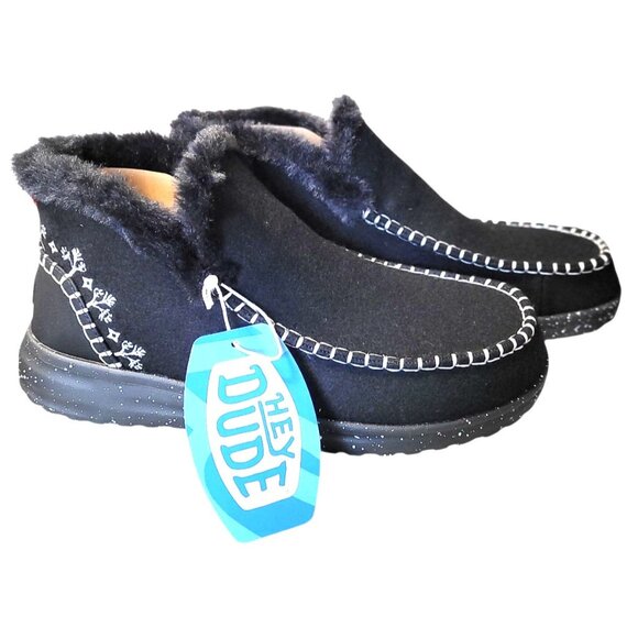 Hey Dude Denny Wool Faux Shearling Boot Black Slip On Comfy Ankle Womens Size 11 - Picture 1 of 8